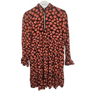 Ganni Lindale Crepe Floral Mini Dress Size 2 Viscose Button Front Black Orange